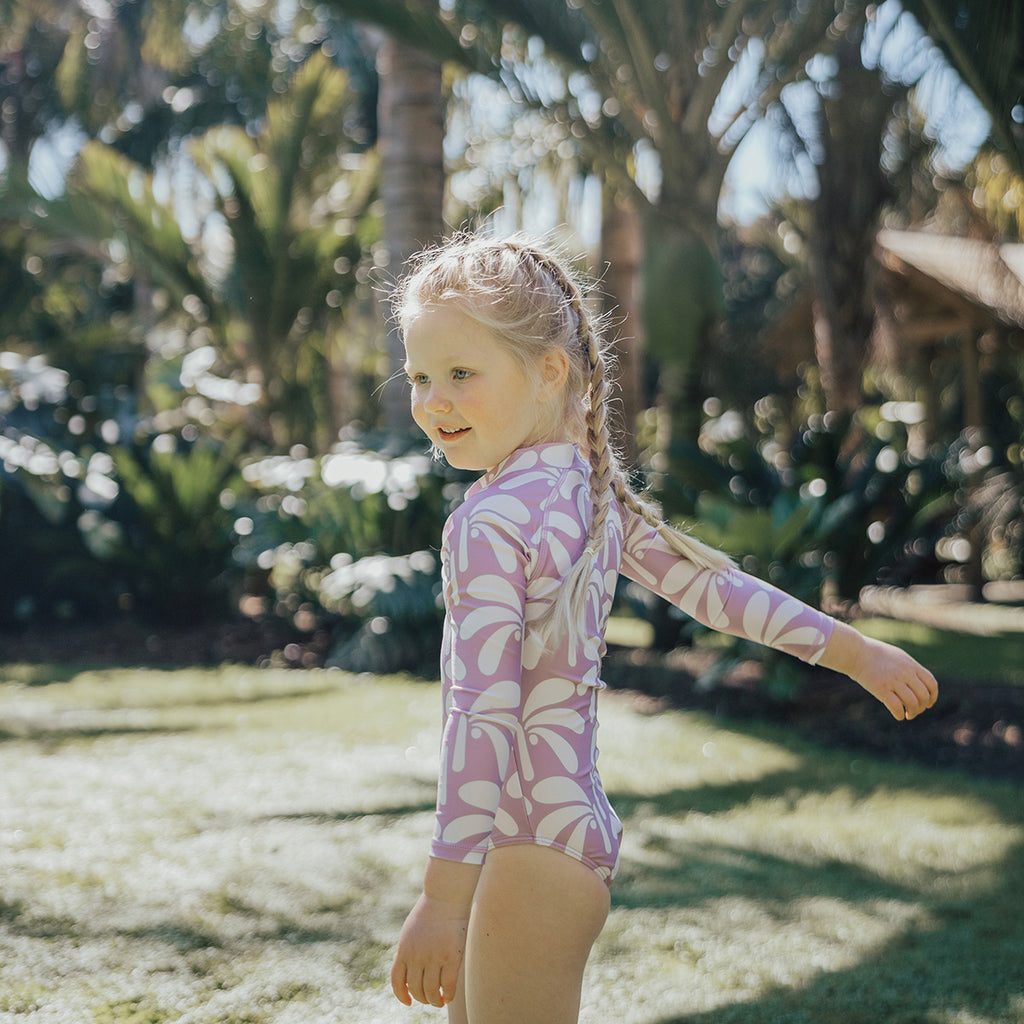 Pink Palms, Long Sleeve Swimsuit For Girls