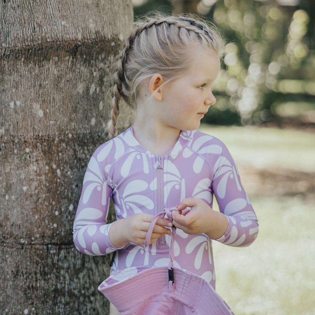 Pink Palms, Long Sleeve Swimsuit For Girls