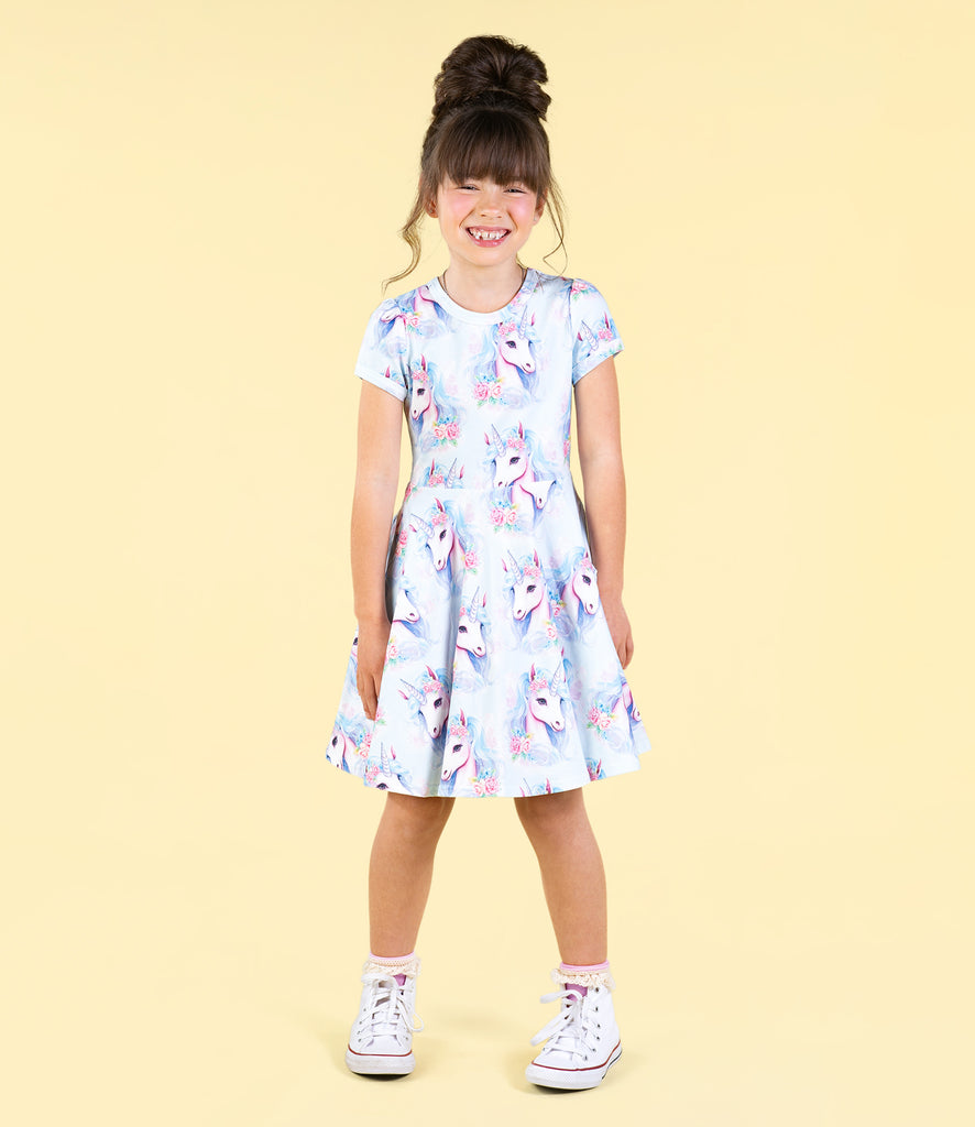 BLUE UNICORN WAISTED DRESS