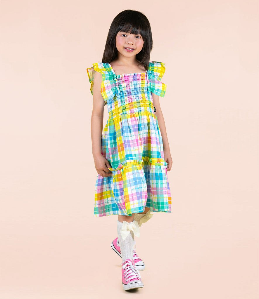 Summer Time Plaid Shirred Dress